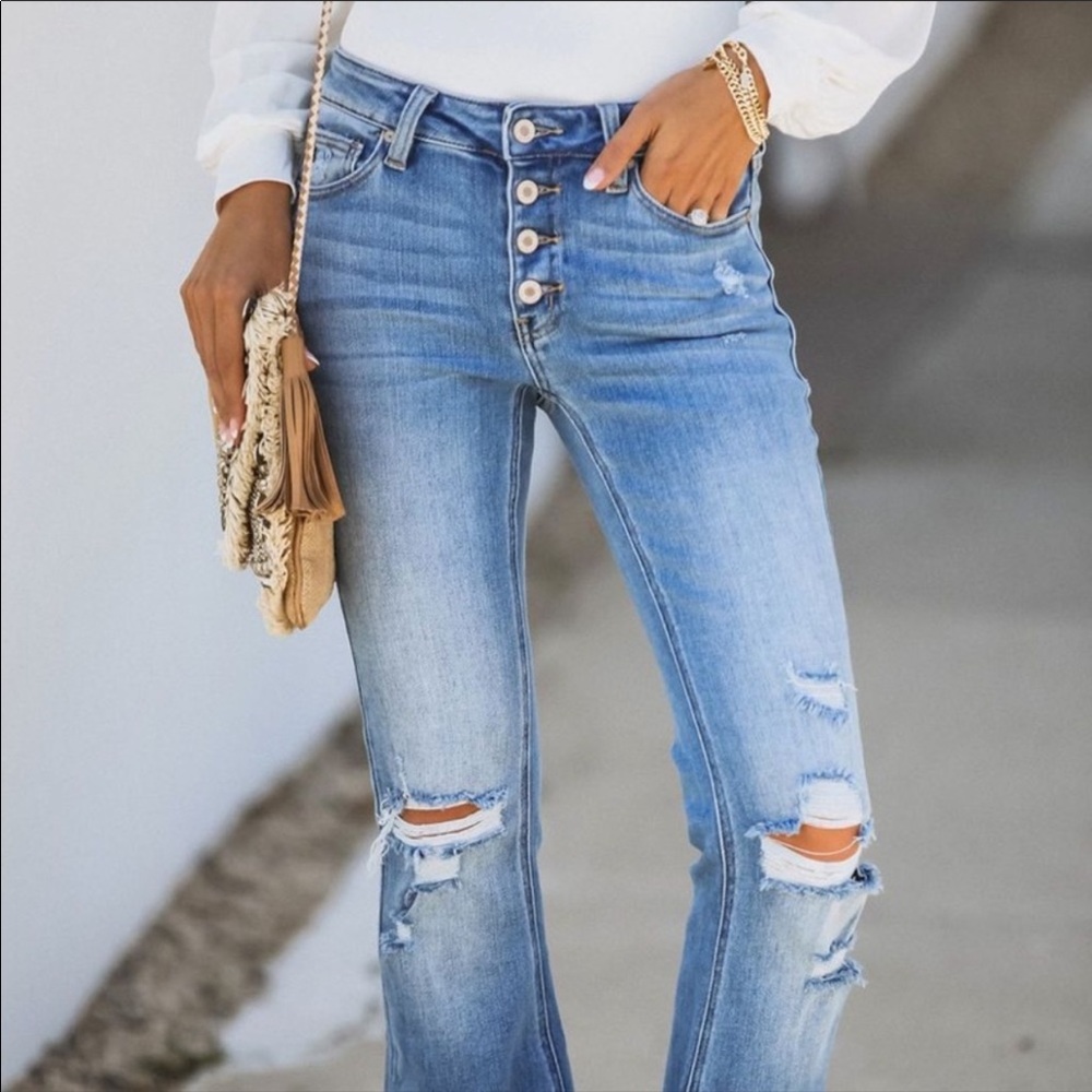 New High Rise Distressed Denim Jeans Wide Leg Bell Bottom Pants - Picture 8 of 8